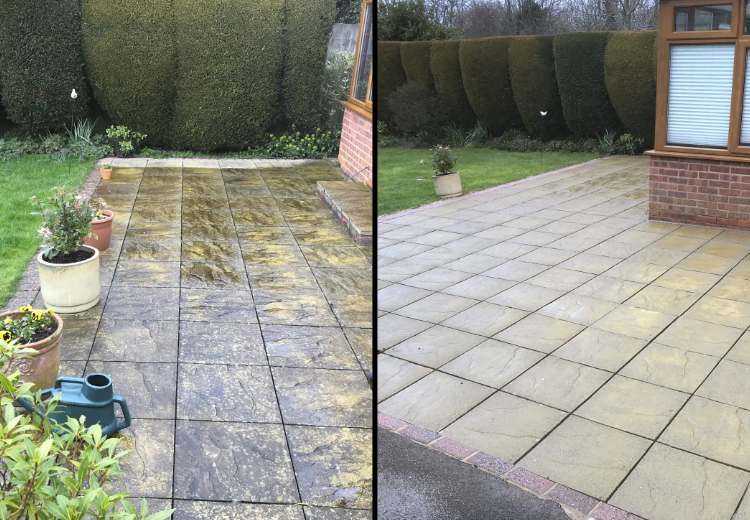 Pressure washing stone patio tiles in Shoreham